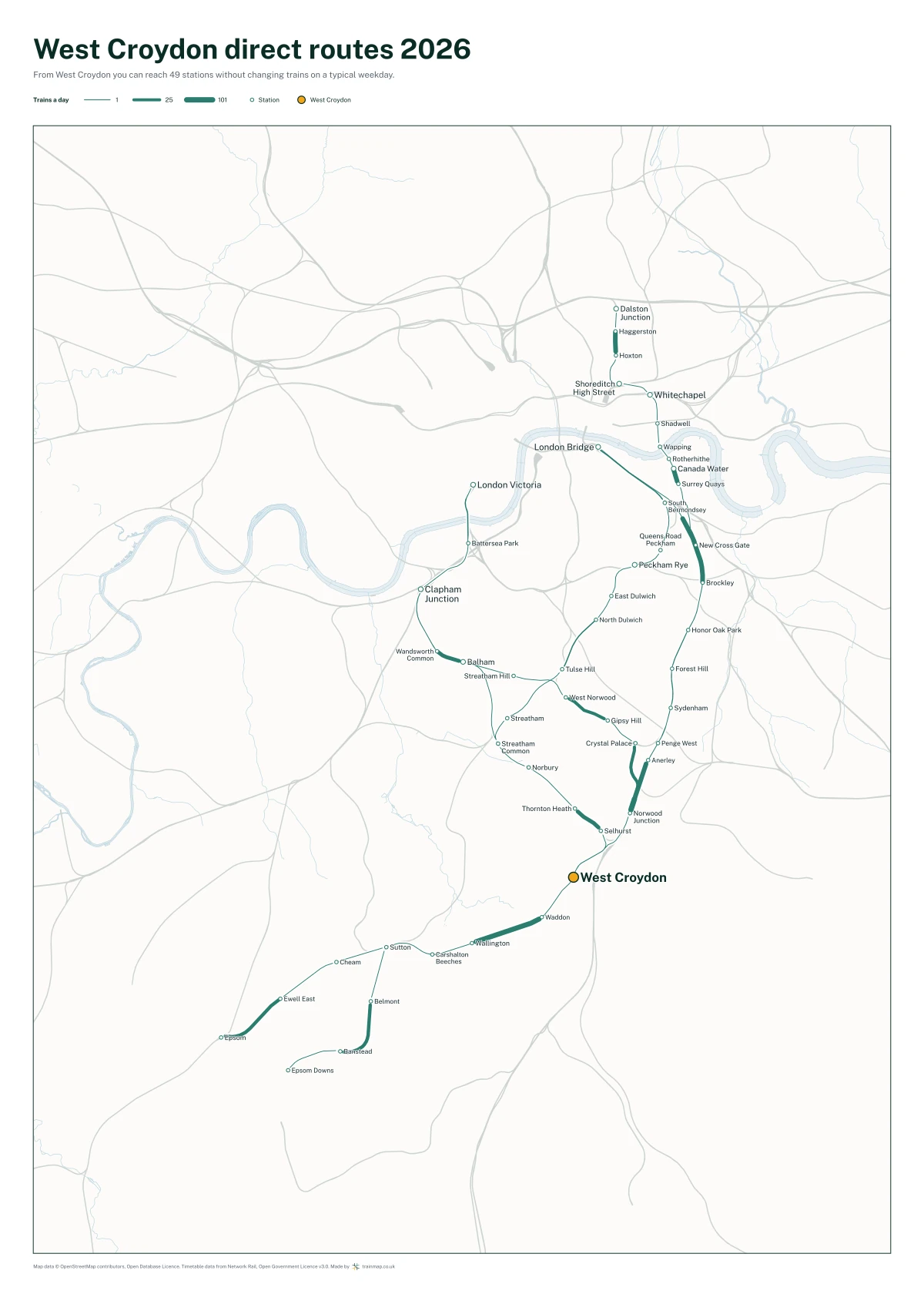West Croydon direct routes 2026: a map of every station you can reach from West Croydon without changing trains, the lines thicker where more trains run