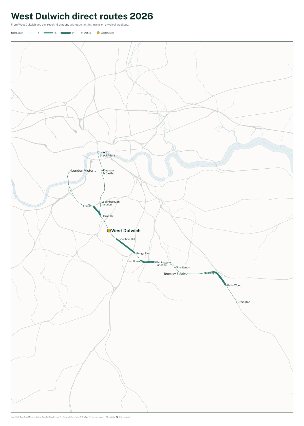 West Dulwich direct routes 2026: a map of every station you can reach from West Dulwich without changing trains, the lines thicker where more trains run