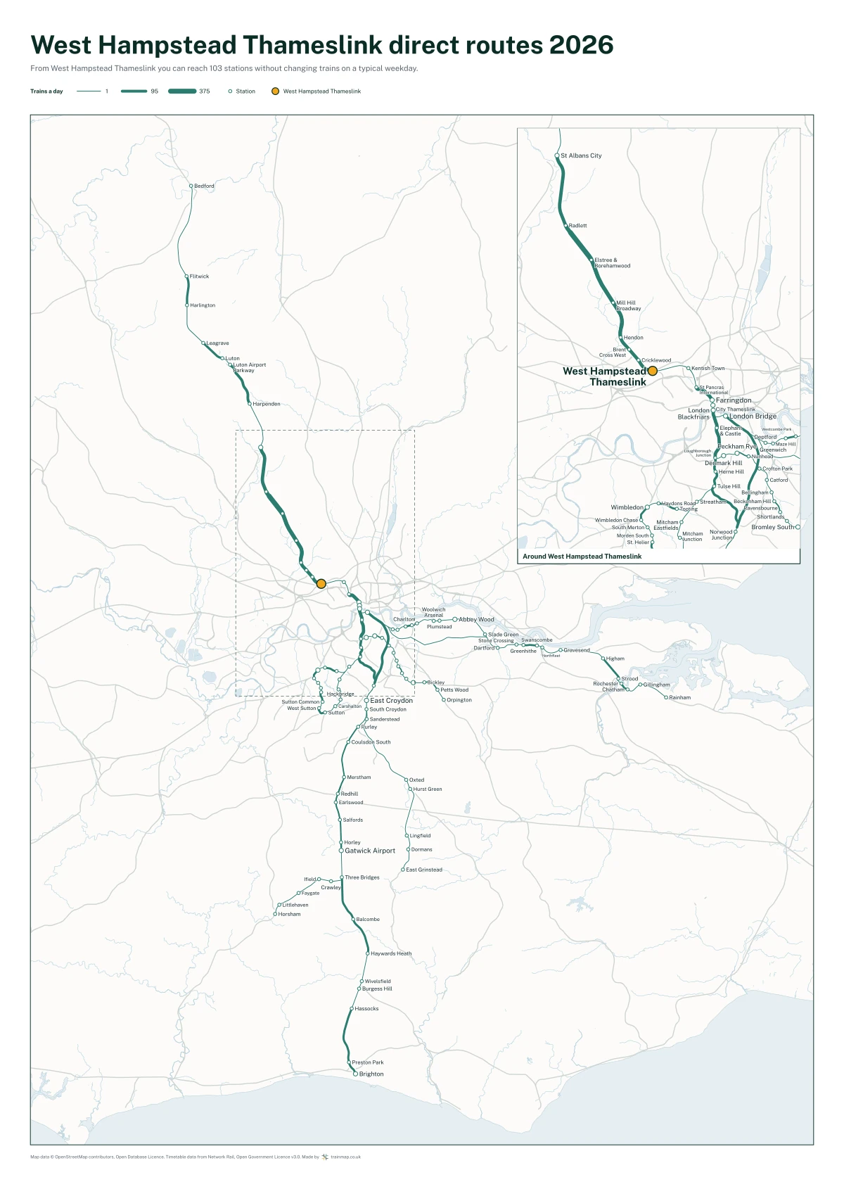 West Hampstead Thameslink direct routes 2026: a map of every station you can reach from West Hampstead Thameslink without changing trains, the lines thicker where more trains run