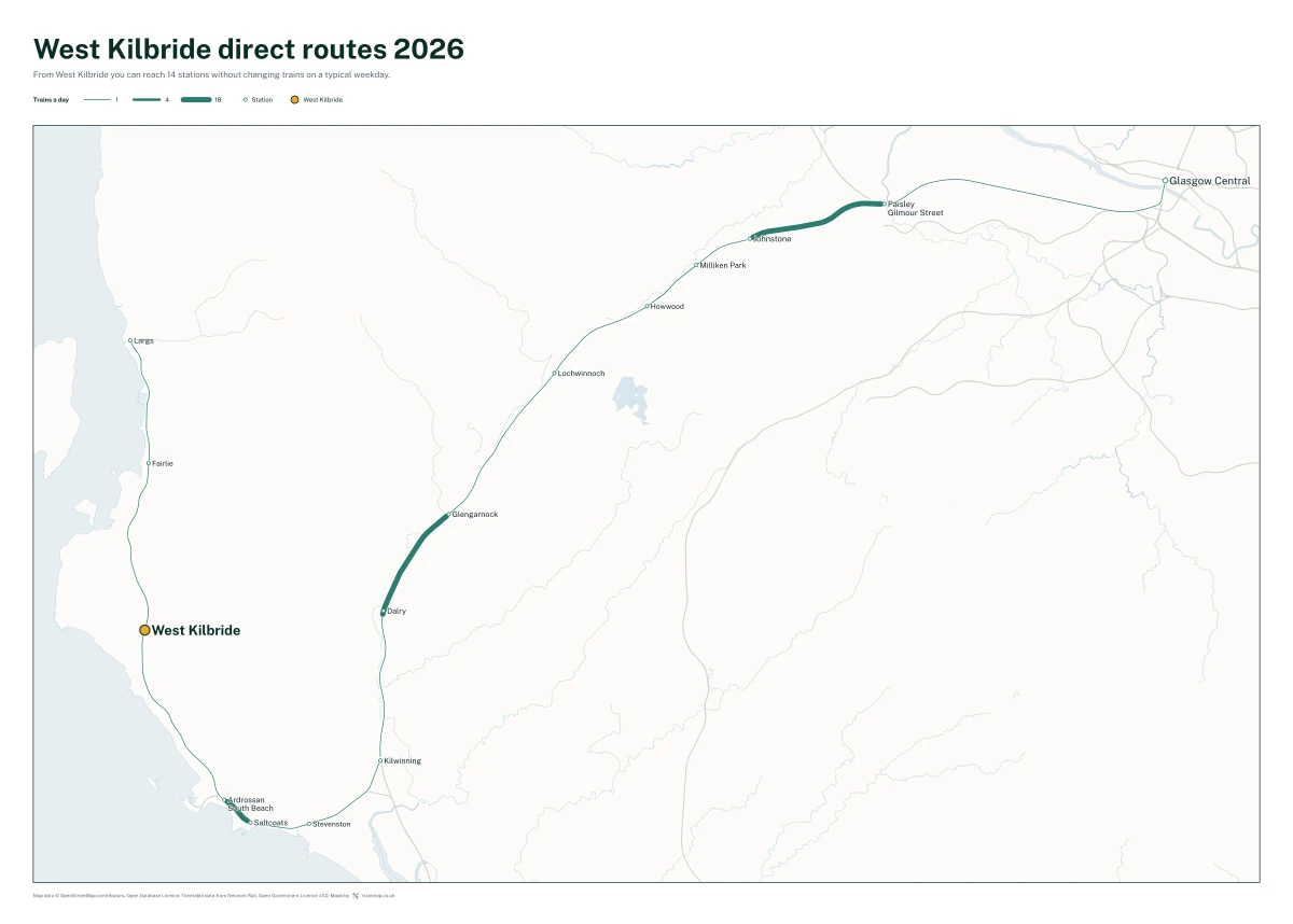 West Kilbride direct routes 2026: a map of every station you can reach from West Kilbride without changing trains, the lines thicker where more trains run