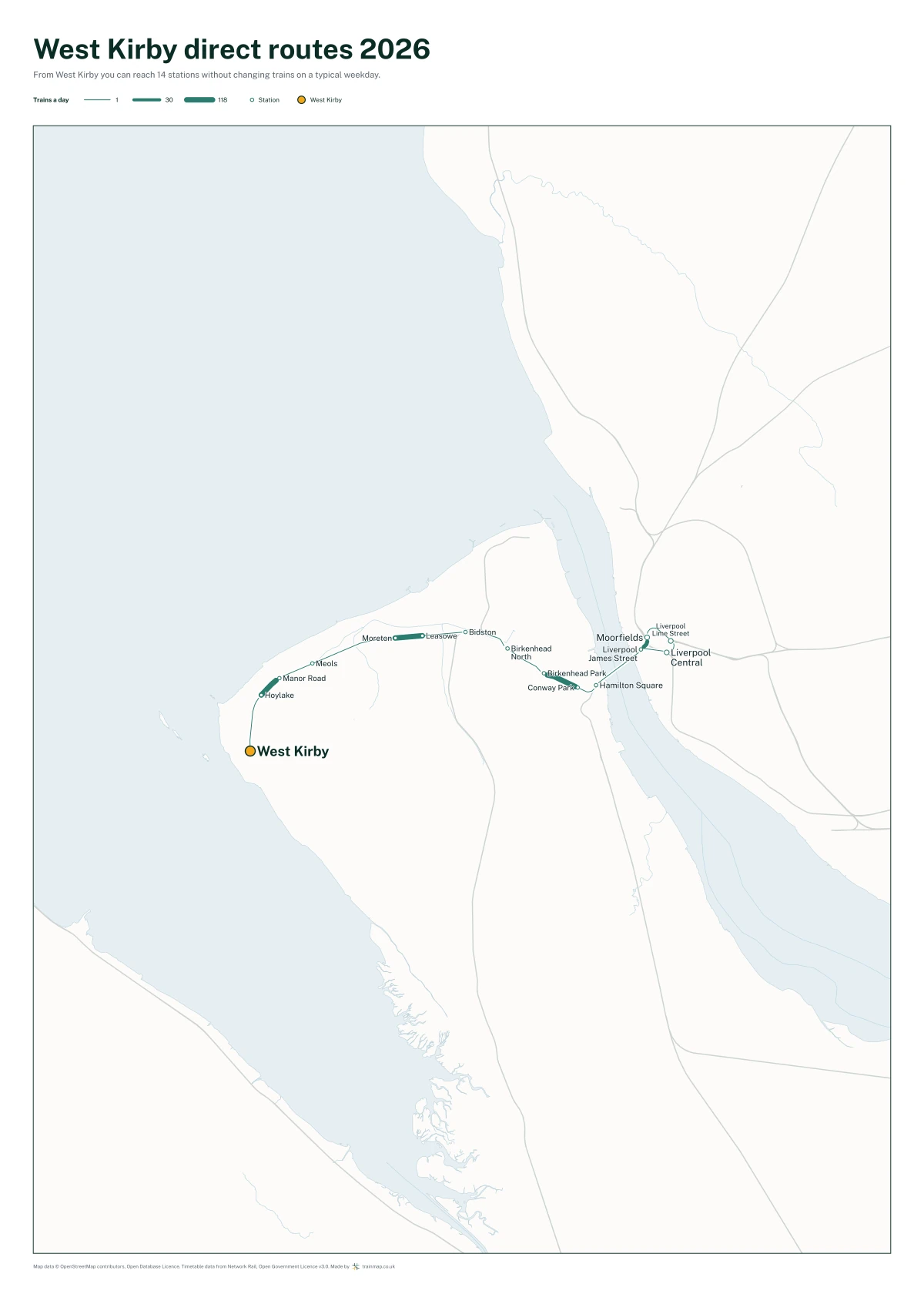 West Kirby direct routes 2026: a map of every station you can reach from West Kirby without changing trains, the lines thicker where more trains run