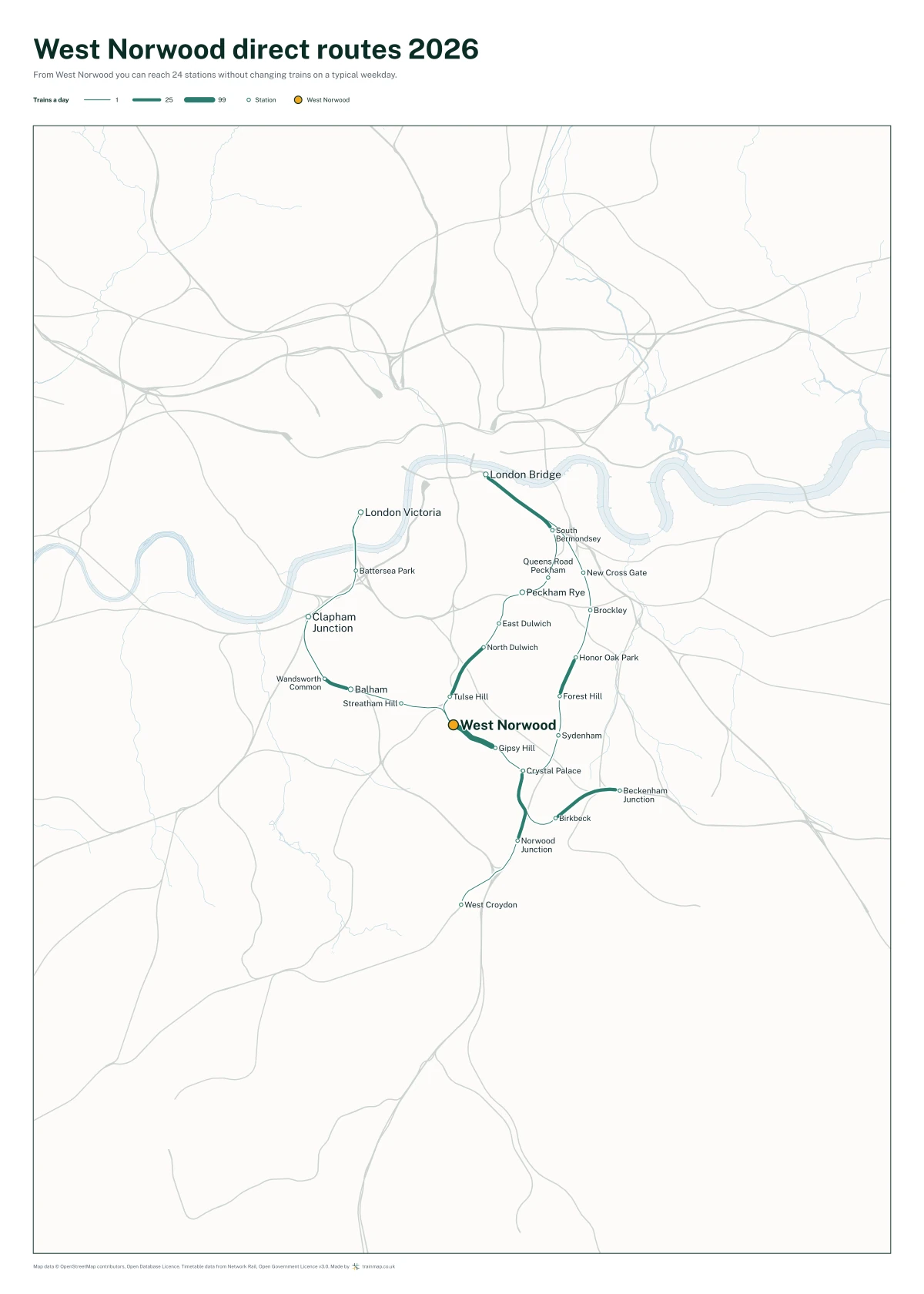 West Norwood direct routes 2026: a map of every station you can reach from West Norwood without changing trains, the lines thicker where more trains run