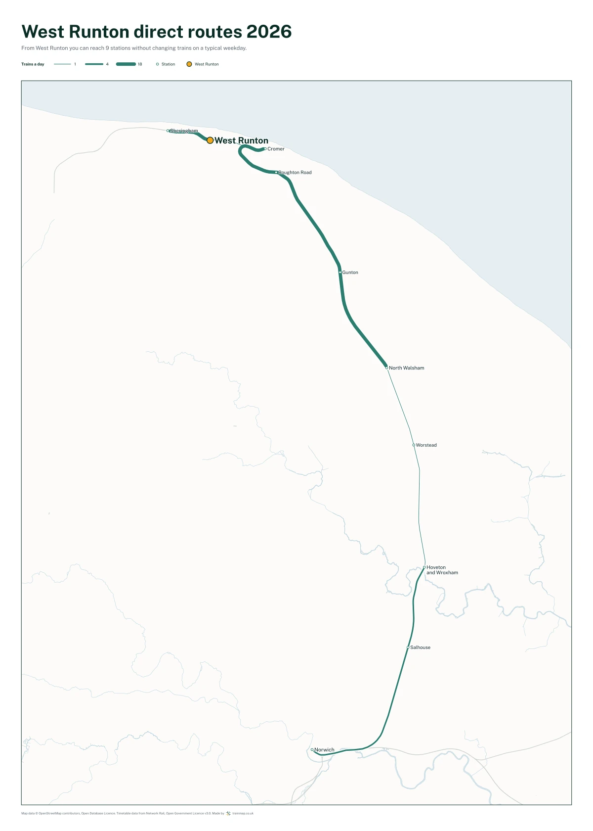 West Runton direct routes 2026: a map of every station you can reach from West Runton without changing trains, the lines thicker where more trains run