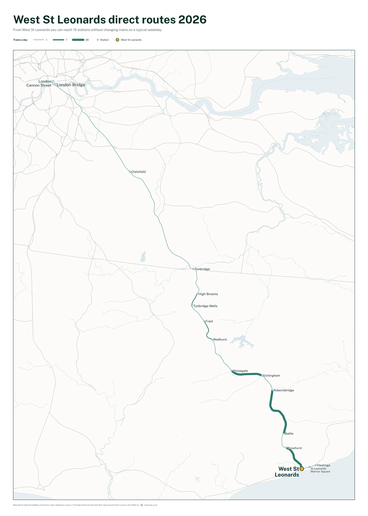 West St Leonards direct routes 2026: a map of every station you can reach from West St Leonards without changing trains, the lines thicker where more trains run