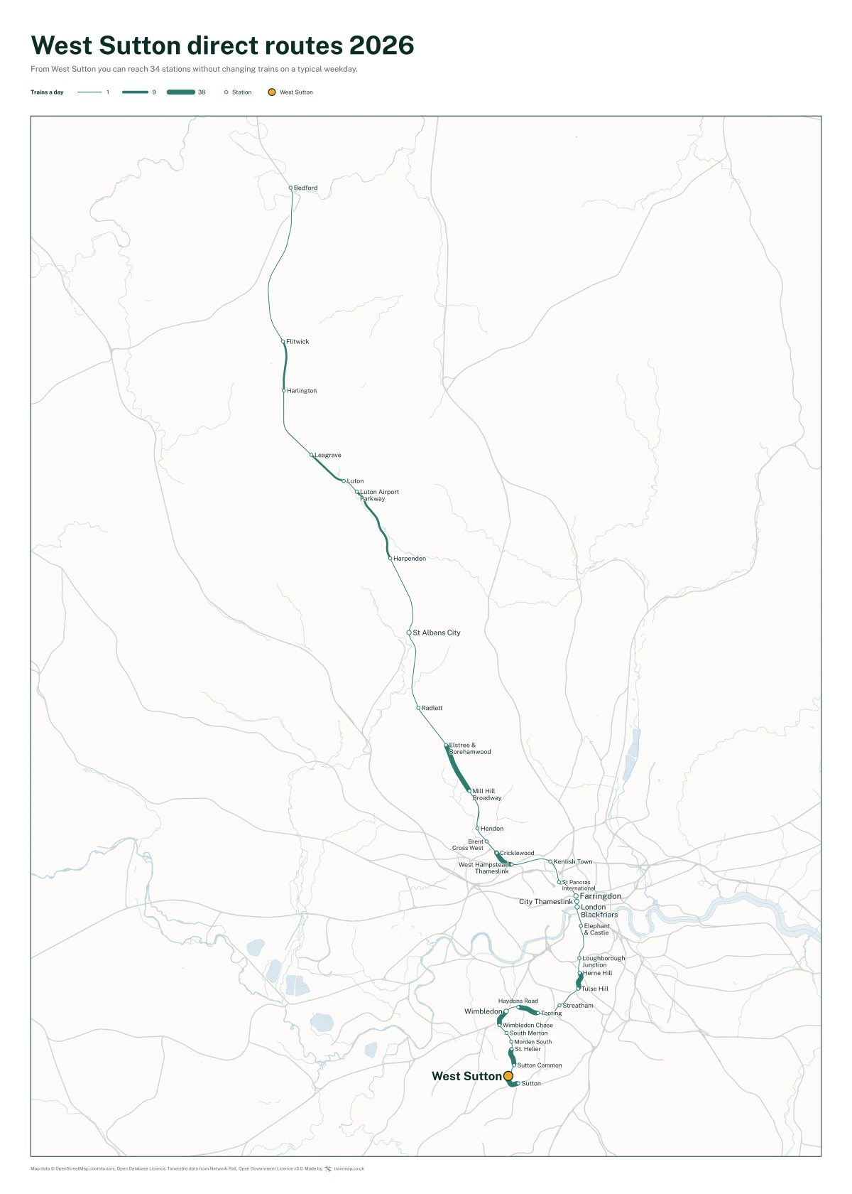 West Sutton direct routes 2026: a map of every station you can reach from West Sutton without changing trains, the lines thicker where more trains run