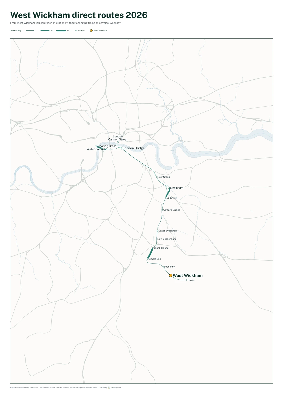 West Wickham direct routes 2026: a map of every station you can reach from West Wickham without changing trains, the lines thicker where more trains run