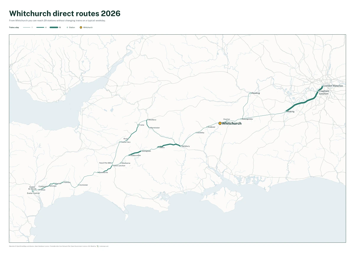 Whitchurch (Hampshire) direct routes 2026: a map of every station you can reach from Whitchurch (Hampshire) without changing trains, the lines thicker where more trains run