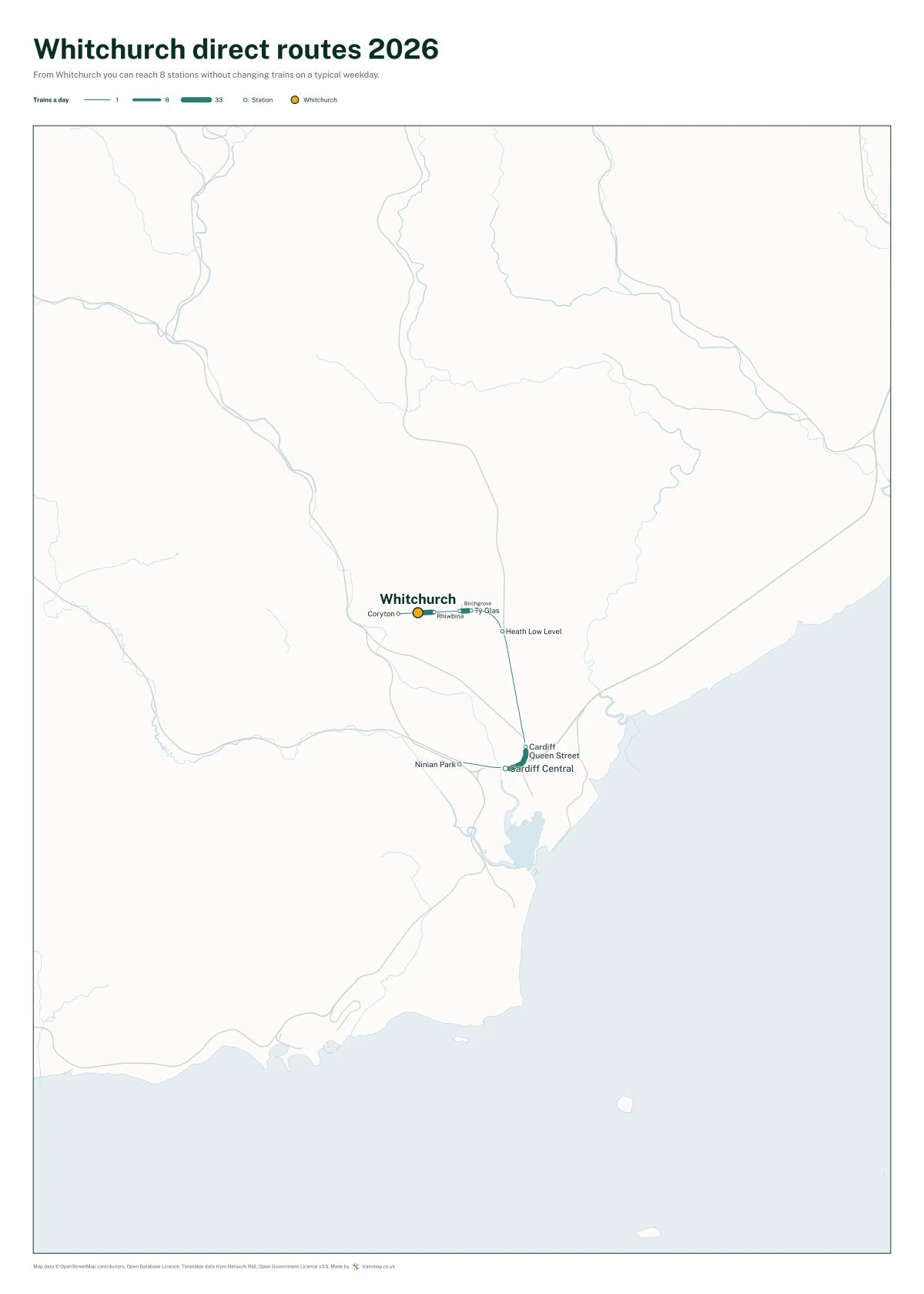 Whitchurch (Wales) direct routes 2026: a map of every station you can reach from Whitchurch (Wales) without changing trains, the lines thicker where more trains run