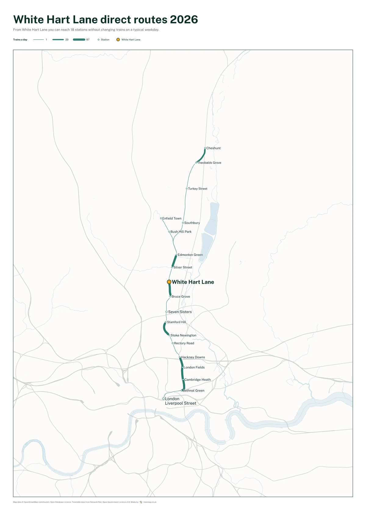 White Hart Lane direct routes 2026: a map of every station you can reach from White Hart Lane without changing trains, the lines thicker where more trains run