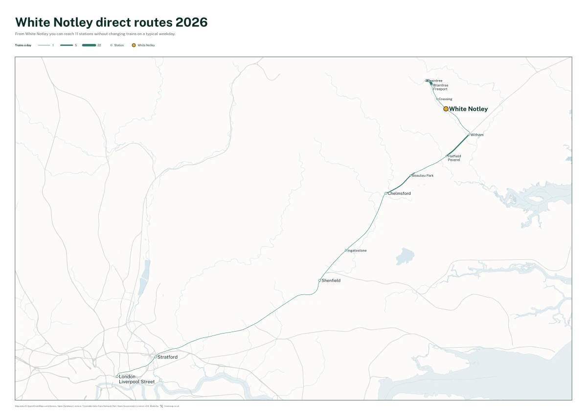 White Notley direct routes 2026: a map of every station you can reach from White Notley without changing trains, the lines thicker where more trains run