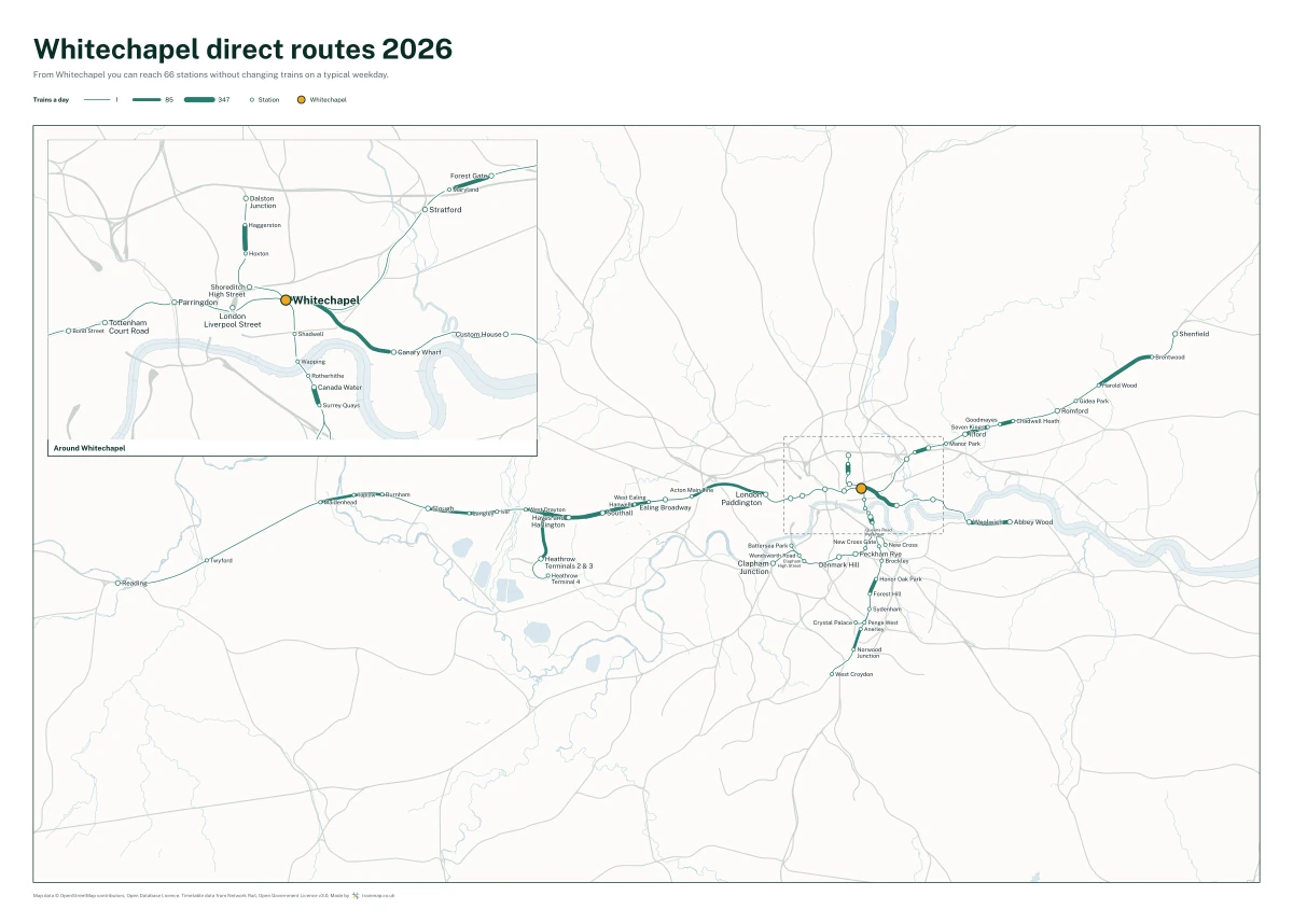 Whitechapel direct routes 2026: a map of every station you can reach from Whitechapel without changing trains, the lines thicker where more trains run
