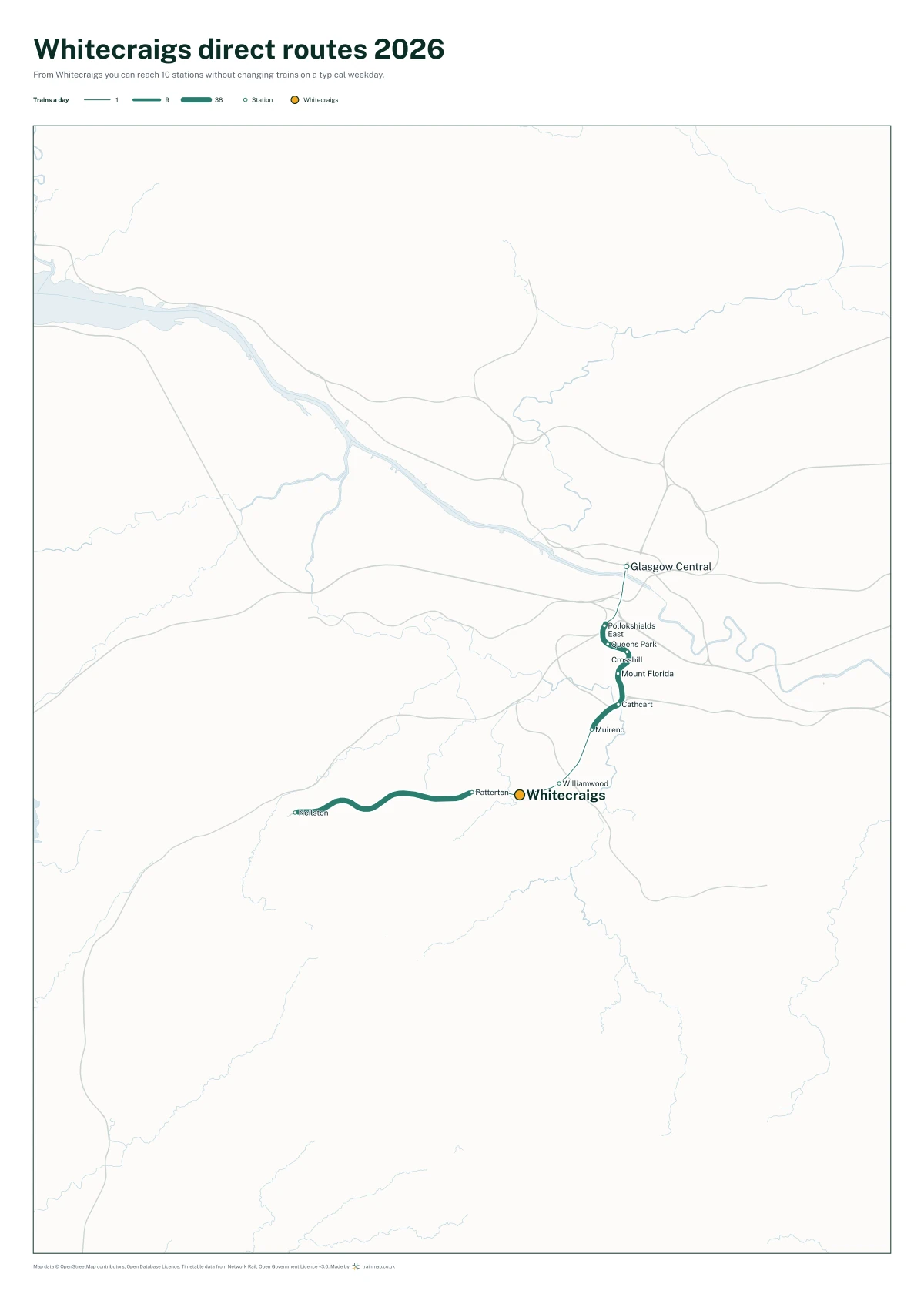 Whitecraigs direct routes 2026: a map of every station you can reach from Whitecraigs without changing trains, the lines thicker where more trains run
