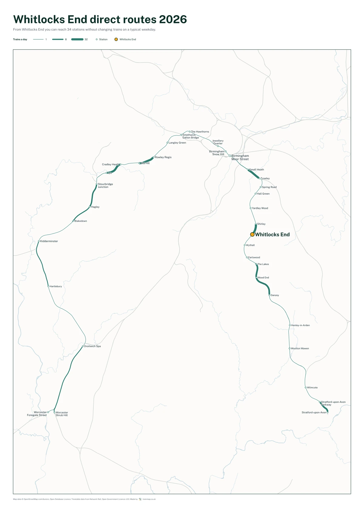Whitlocks End direct routes 2026: a map of every station you can reach from Whitlocks End without changing trains, the lines thicker where more trains run