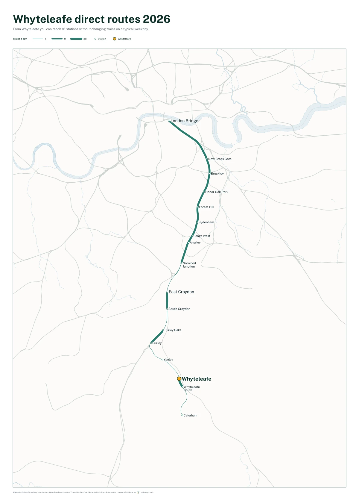 Whyteleafe direct routes 2026: a map of every station you can reach from Whyteleafe without changing trains, the lines thicker where more trains run