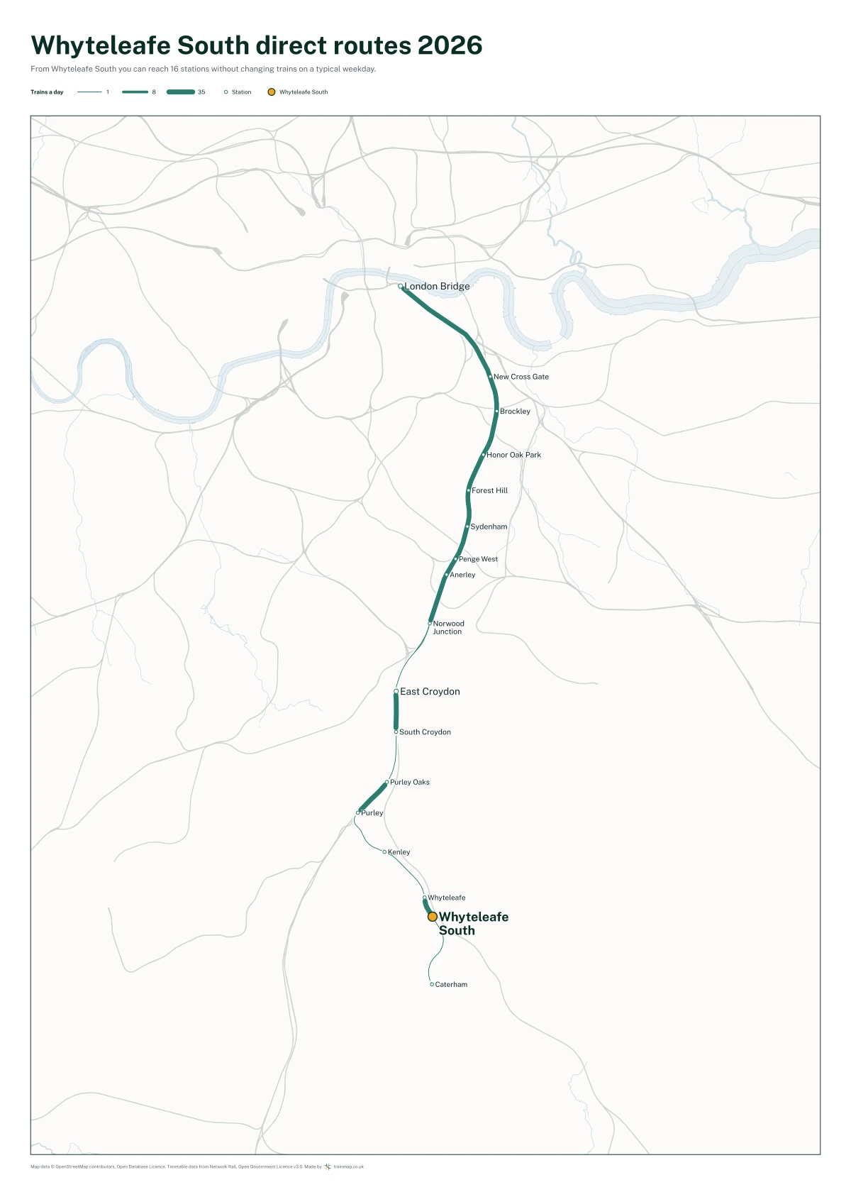 Whyteleafe South direct routes 2026: a map of every station you can reach from Whyteleafe South without changing trains, the lines thicker where more trains run