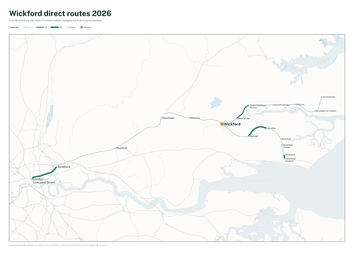 Wickford direct routes 2026: a map of every station you can reach from Wickford without changing trains, the lines thicker where more trains run