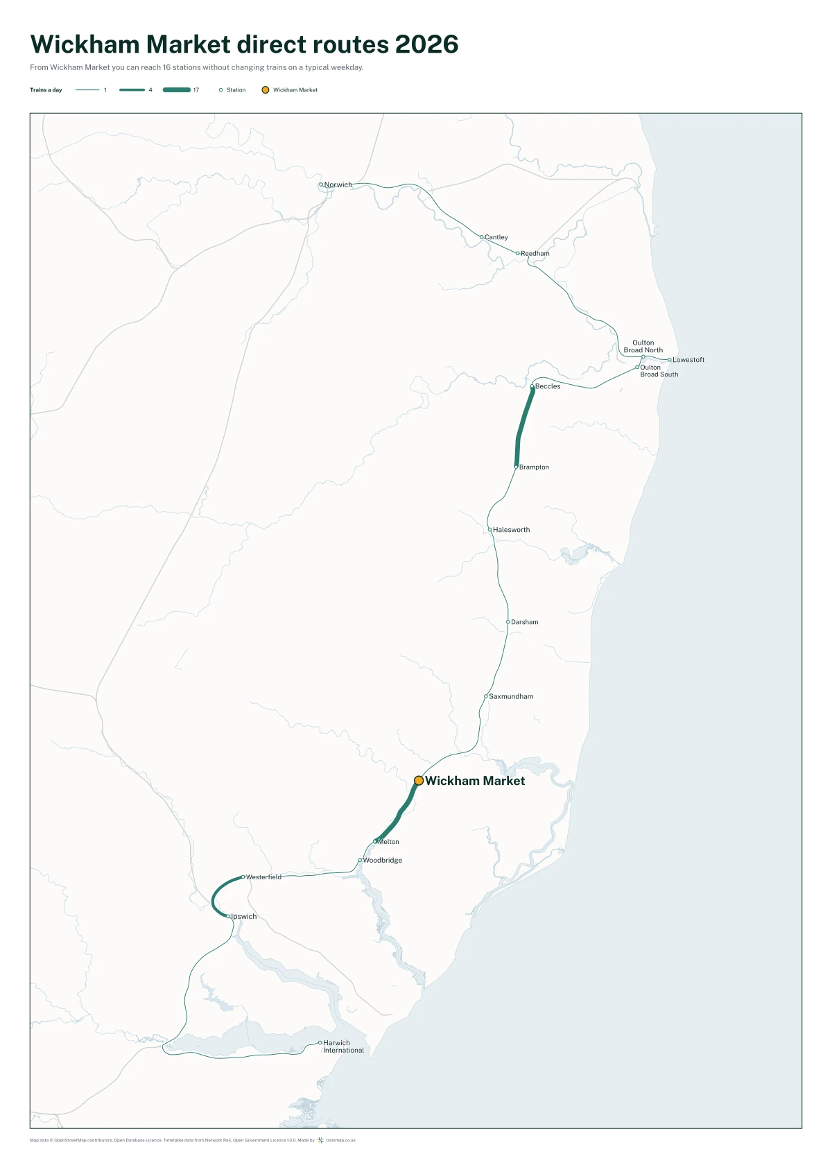 Wickham Market direct routes 2026: a map of every station you can reach from Wickham Market without changing trains, the lines thicker where more trains run