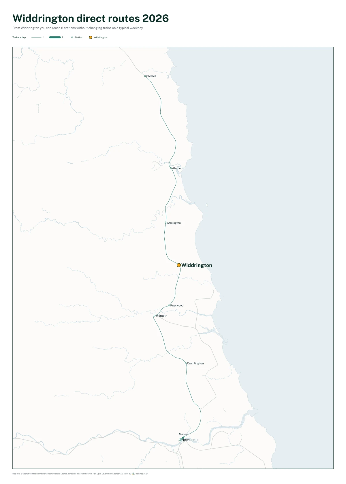 Widdrington direct routes 2026: a map of every station you can reach from Widdrington without changing trains, the lines thicker where more trains run