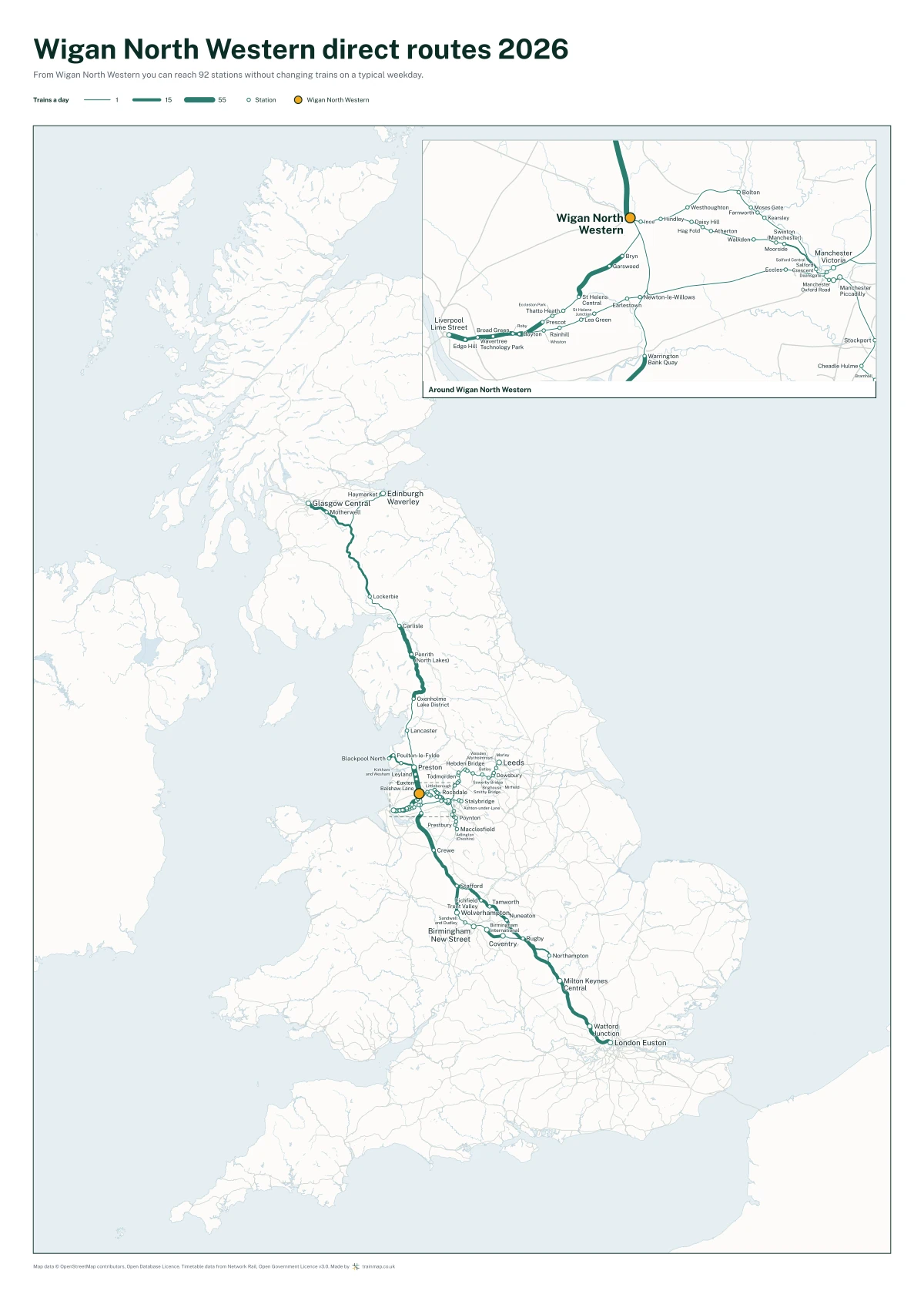Wigan North Western direct routes 2026: a map of every station you can reach from Wigan North Western without changing trains, the lines thicker where more trains run