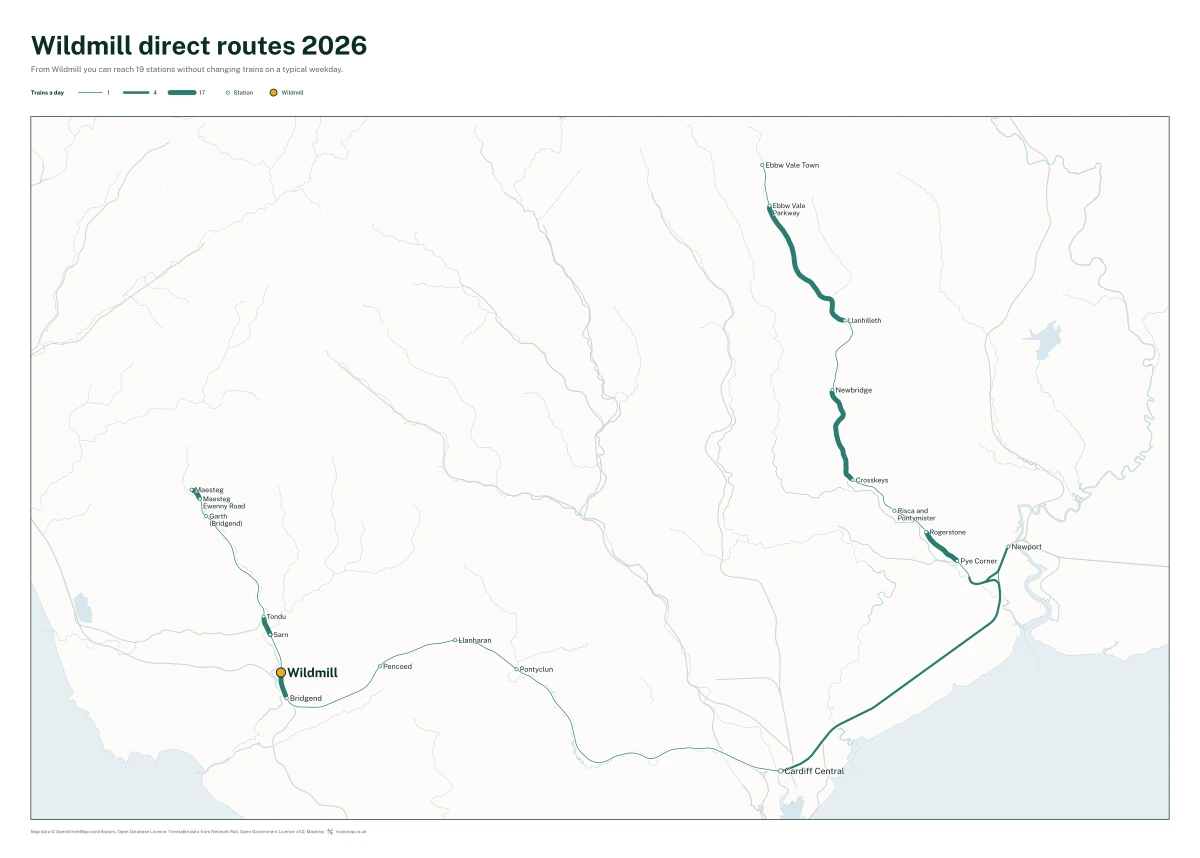 Wildmill direct routes 2026: a map of every station you can reach from Wildmill without changing trains, the lines thicker where more trains run
