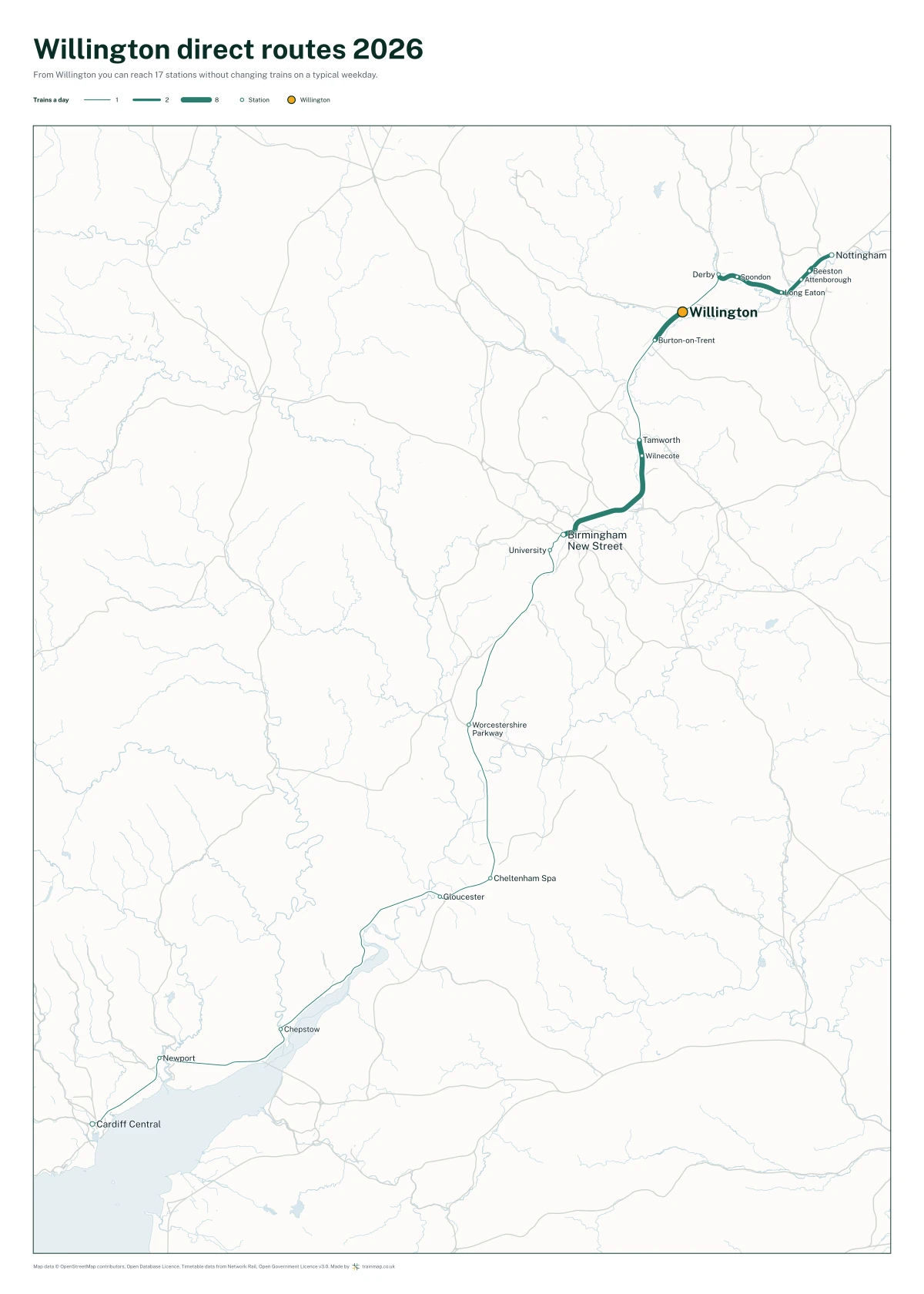 Willington direct routes 2026: a map of every station you can reach from Willington without changing trains, the lines thicker where more trains run
