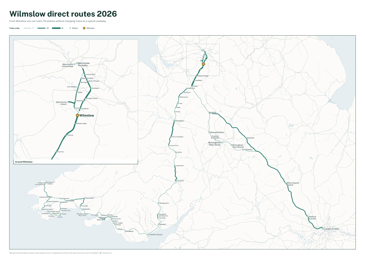 Wilmslow direct routes 2026: a map of every station you can reach from Wilmslow without changing trains, the lines thicker where more trains run
