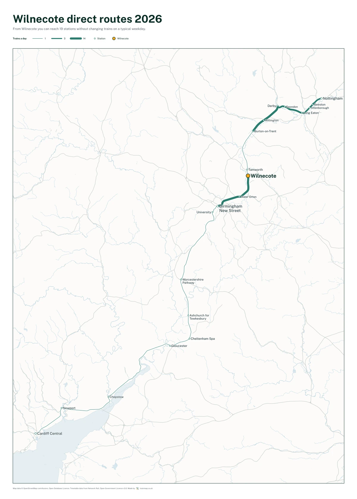 Wilnecote direct routes 2026: a map of every station you can reach from Wilnecote without changing trains, the lines thicker where more trains run