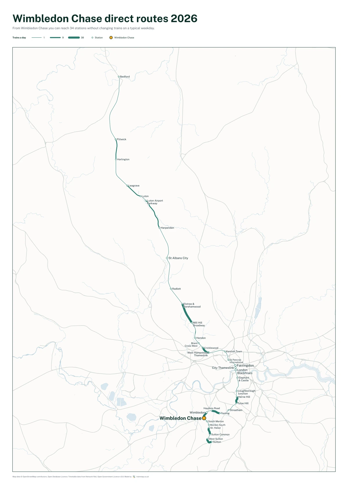 Wimbledon Chase direct routes 2026: a map of every station you can reach from Wimbledon Chase without changing trains, the lines thicker where more trains run