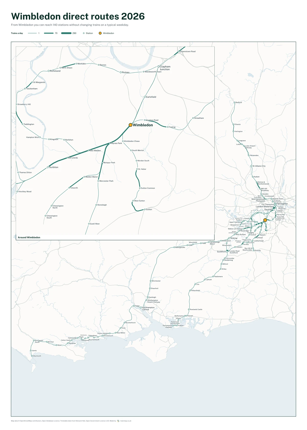 Wimbledon direct routes 2026: a map of every station you can reach from Wimbledon without changing trains, the lines thicker where more trains run