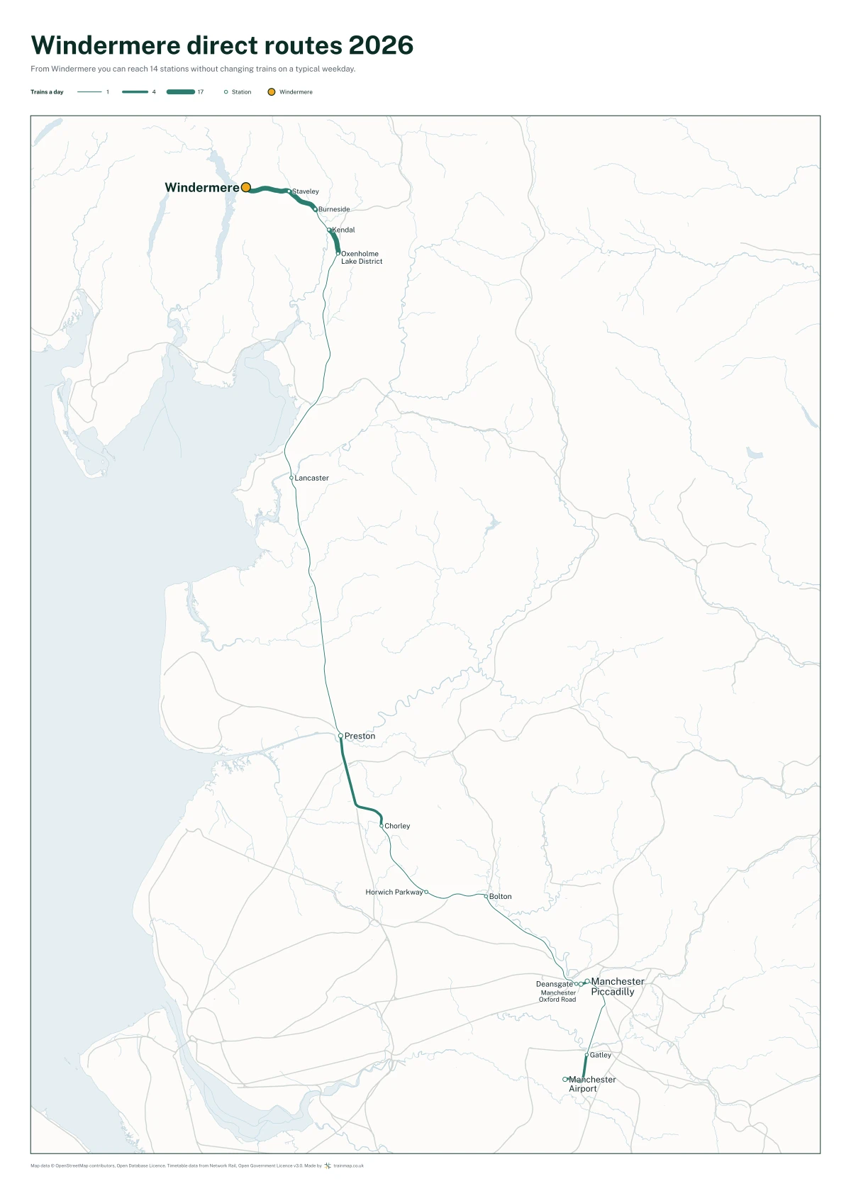 Windermere direct routes 2026: a map of every station you can reach from Windermere without changing trains, the lines thicker where more trains run