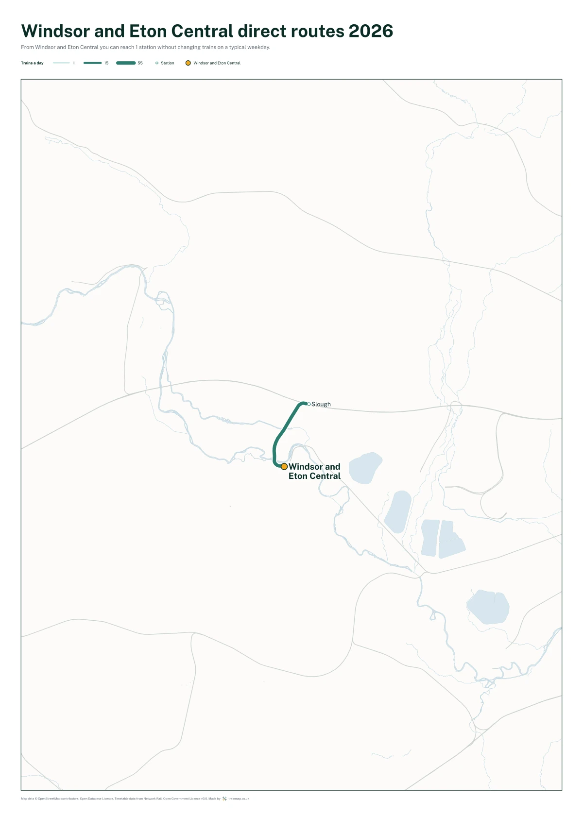 Windsor and Eton Central direct routes 2026: a map of every station you can reach from Windsor and Eton Central without changing trains, the lines thicker where more trains run