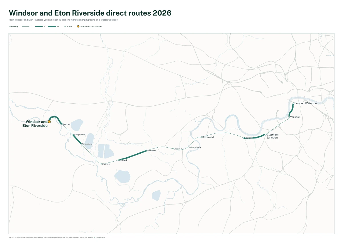 Windsor and Eton Riverside direct routes 2026: a map of every station you can reach from Windsor and Eton Riverside without changing trains, the lines thicker where more trains run