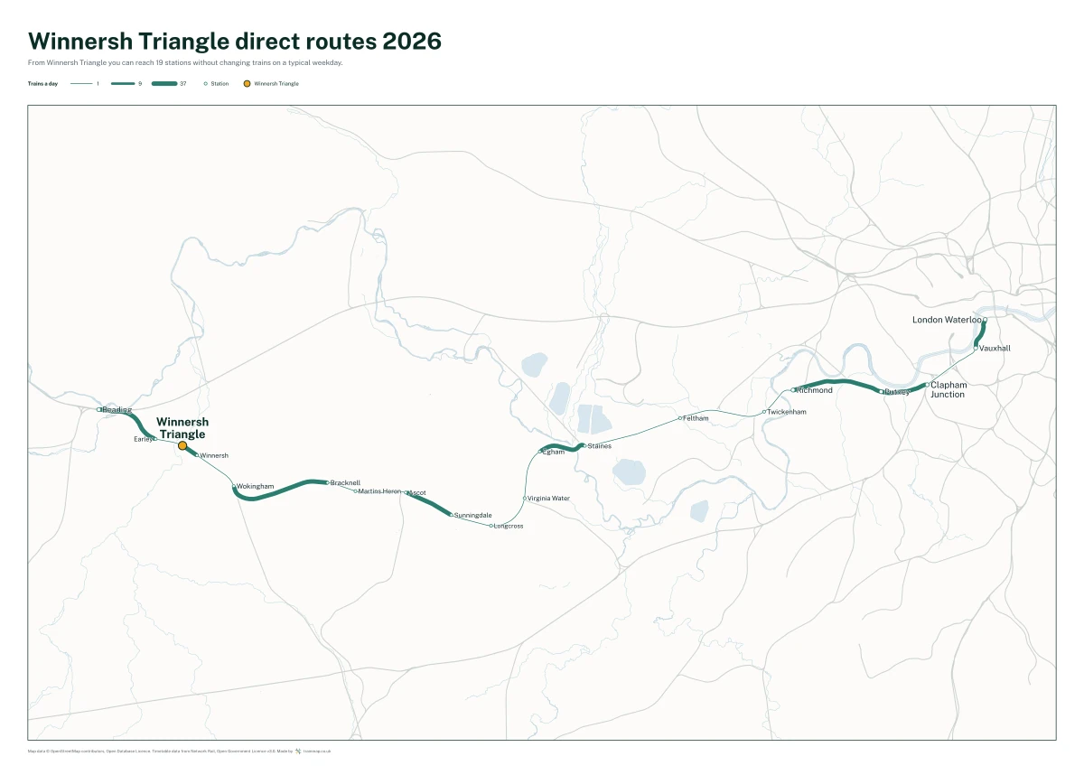 Winnersh Triangle direct routes 2026: a map of every station you can reach from Winnersh Triangle without changing trains, the lines thicker where more trains run