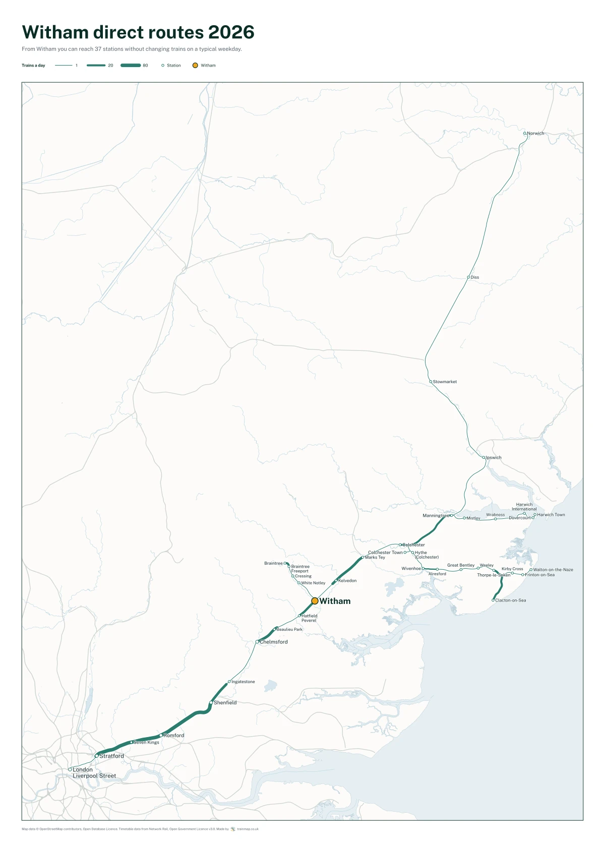 Witham direct routes 2026: a map of every station you can reach from Witham without changing trains, the lines thicker where more trains run
