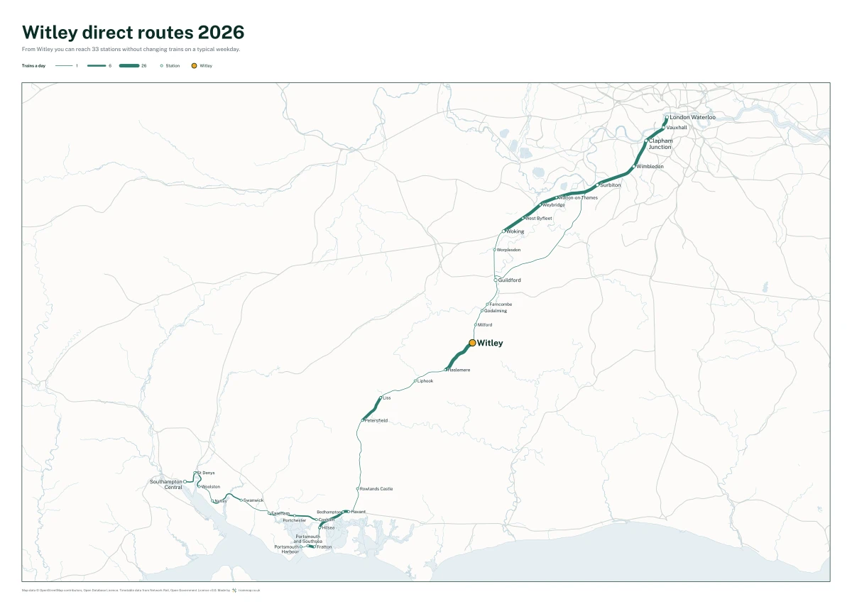Witley direct routes 2026: a map of every station you can reach from Witley without changing trains, the lines thicker where more trains run