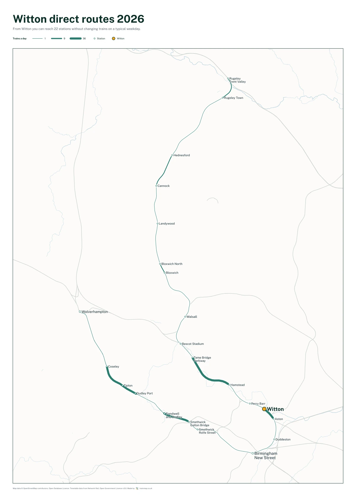 Witton direct routes 2026: a map of every station you can reach from Witton without changing trains, the lines thicker where more trains run