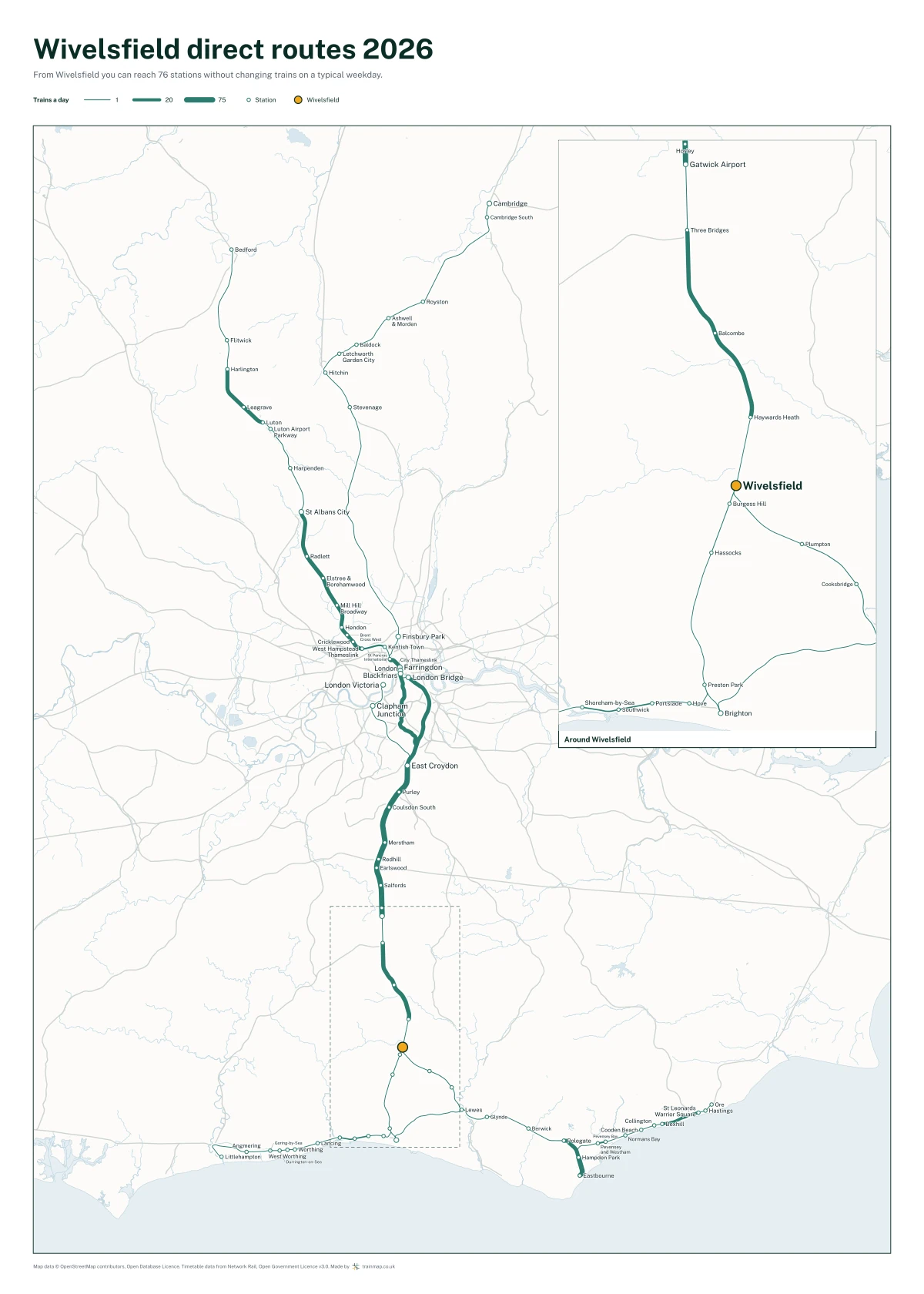 Wivelsfield direct routes 2026: a map of every station you can reach from Wivelsfield without changing trains, the lines thicker where more trains run