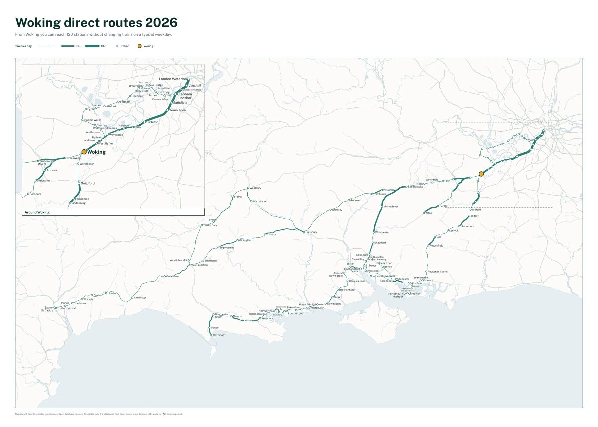 Woking direct routes 2026: a map of every station you can reach from Woking without changing trains, the lines thicker where more trains run