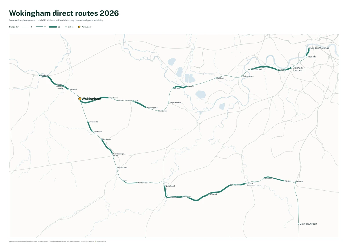 Wokingham direct routes 2026: a map of every station you can reach from Wokingham without changing trains, the lines thicker where more trains run