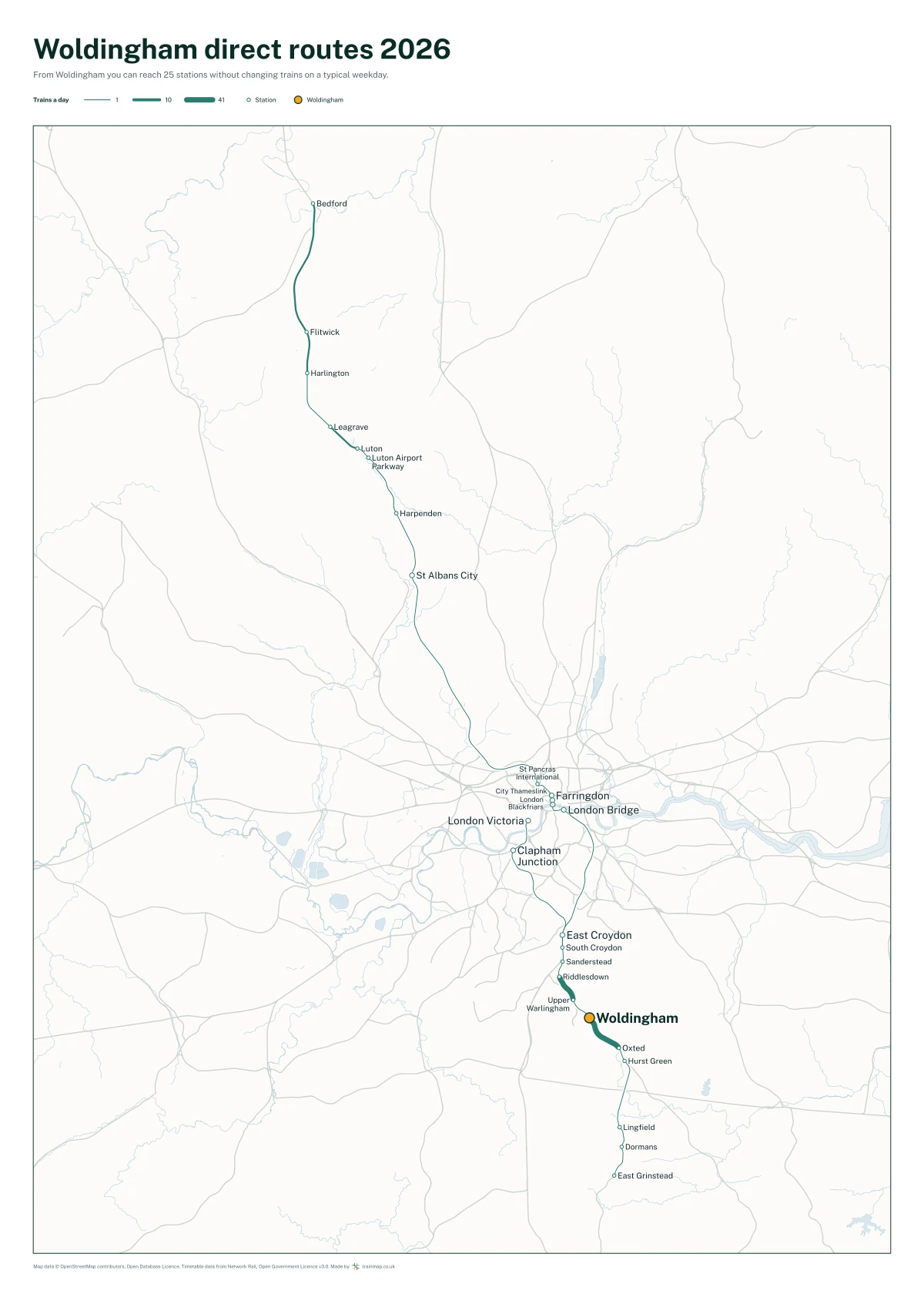 Woldingham direct routes 2026: a map of every station you can reach from Woldingham without changing trains, the lines thicker where more trains run