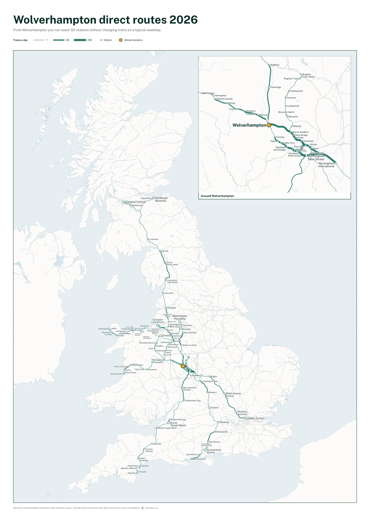 Wolverhampton direct routes 2026: a map of every station you can reach from Wolverhampton without changing trains, the lines thicker where more trains run