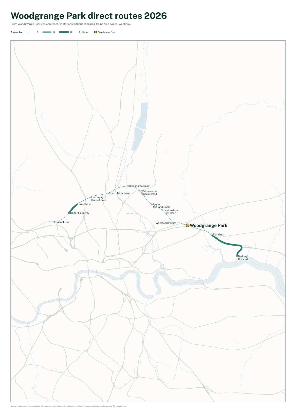 Woodgrange Park direct routes 2026: a map of every station you can reach from Woodgrange Park without changing trains, the lines thicker where more trains run