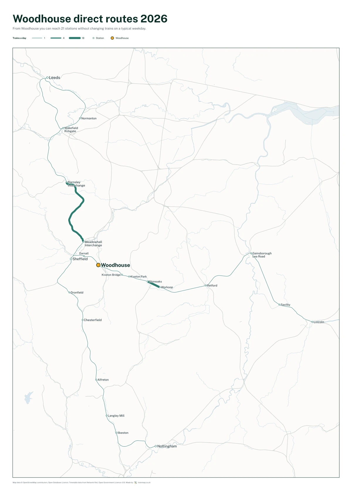 Woodhouse direct routes 2026: a map of every station you can reach from Woodhouse without changing trains, the lines thicker where more trains run