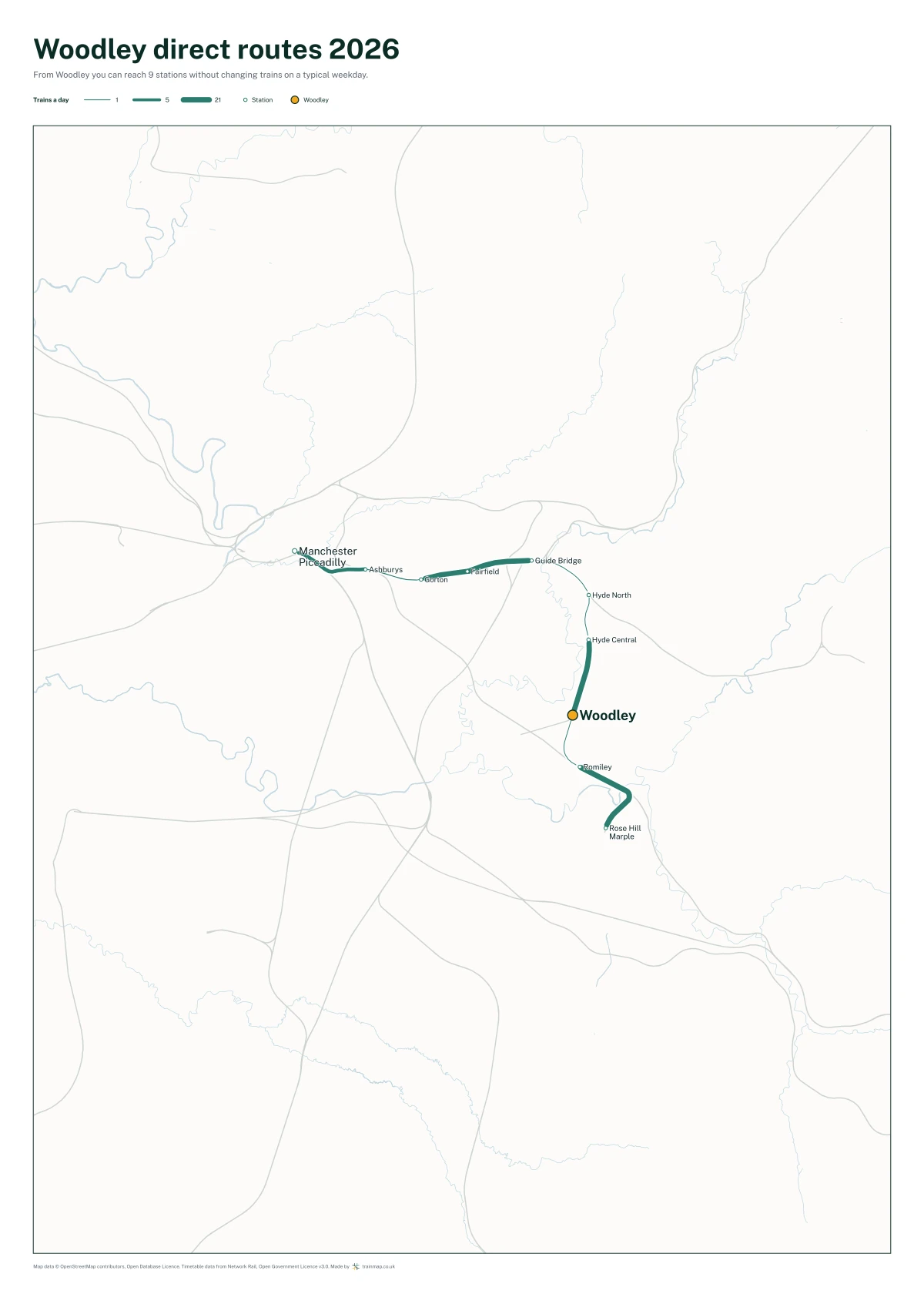 Woodley direct routes 2026: a map of every station you can reach from Woodley without changing trains, the lines thicker where more trains run