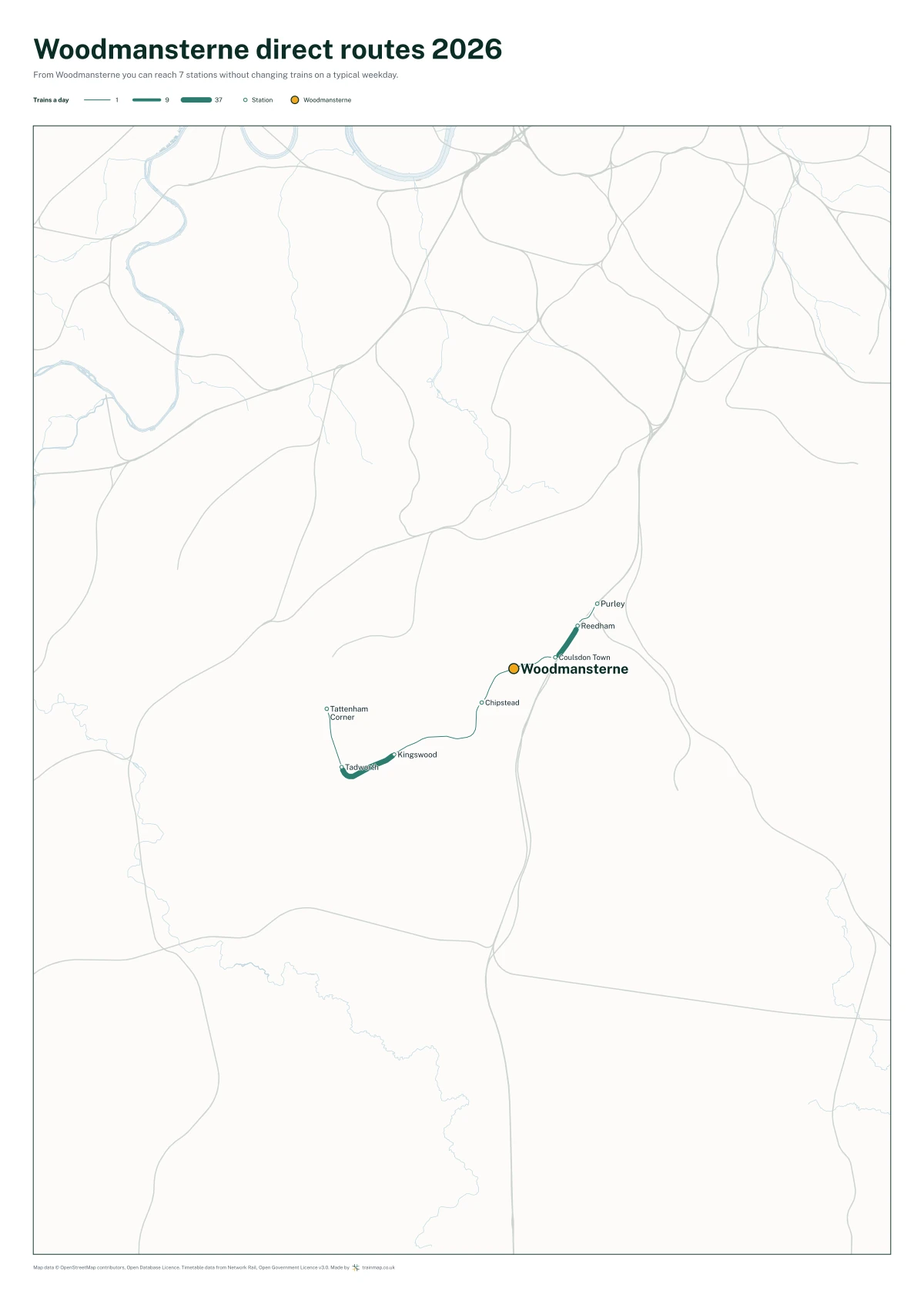 Woodmansterne direct routes 2026: a map of every station you can reach from Woodmansterne without changing trains, the lines thicker where more trains run