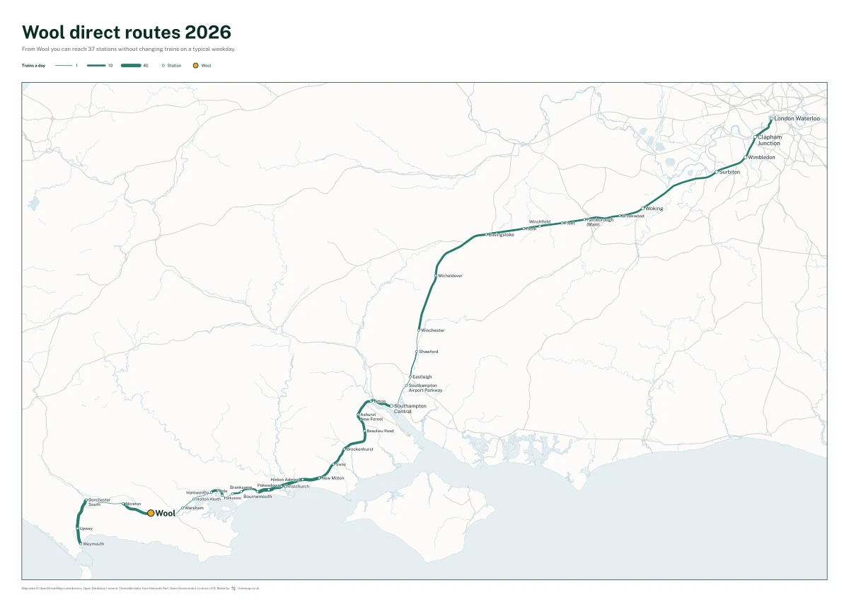 Wool direct routes 2026: a map of every station you can reach from Wool without changing trains, the lines thicker where more trains run