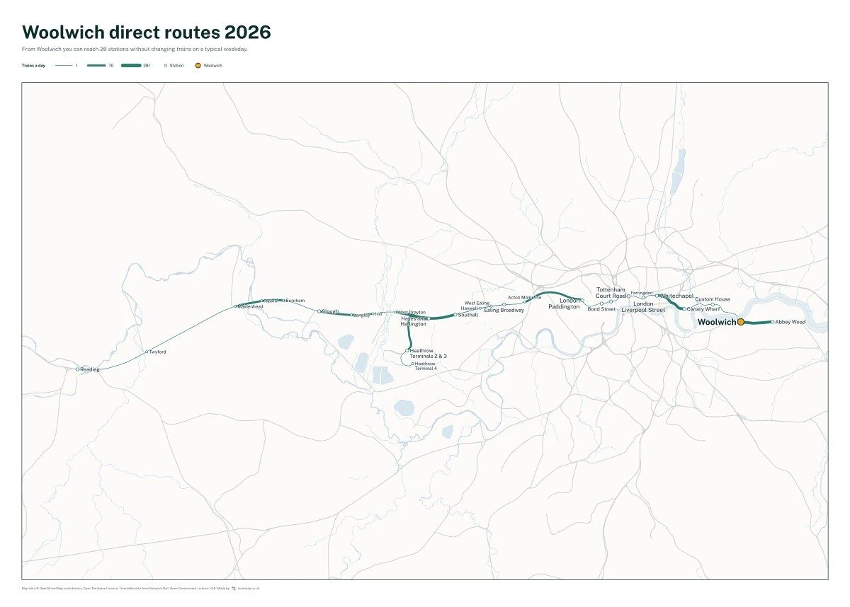 Woolwich direct routes 2026: a map of every station you can reach from Woolwich without changing trains, the lines thicker where more trains run