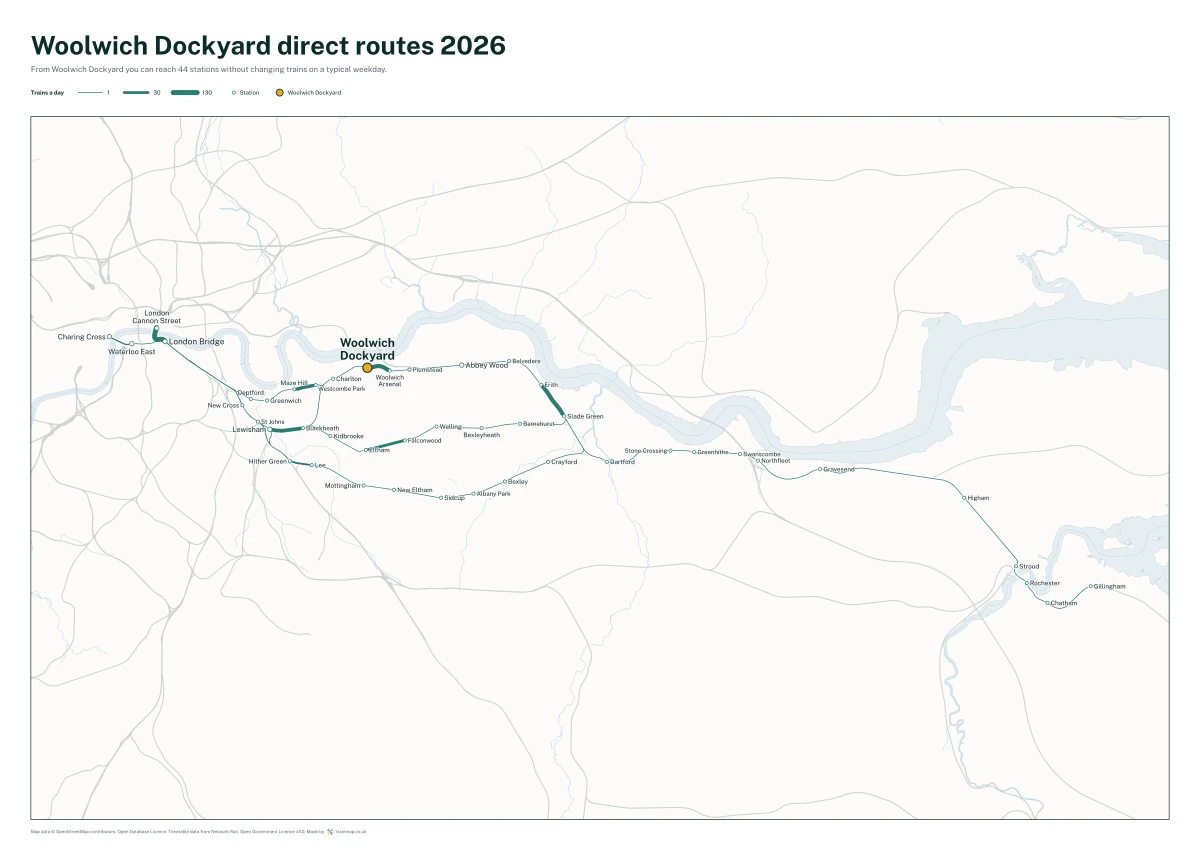 Woolwich Dockyard direct routes 2026: a map of every station you can reach from Woolwich Dockyard without changing trains, the lines thicker where more trains run