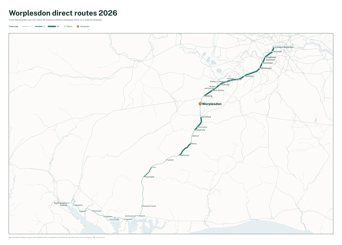 Worplesdon direct routes 2026: a map of every station you can reach from Worplesdon without changing trains, the lines thicker where more trains run