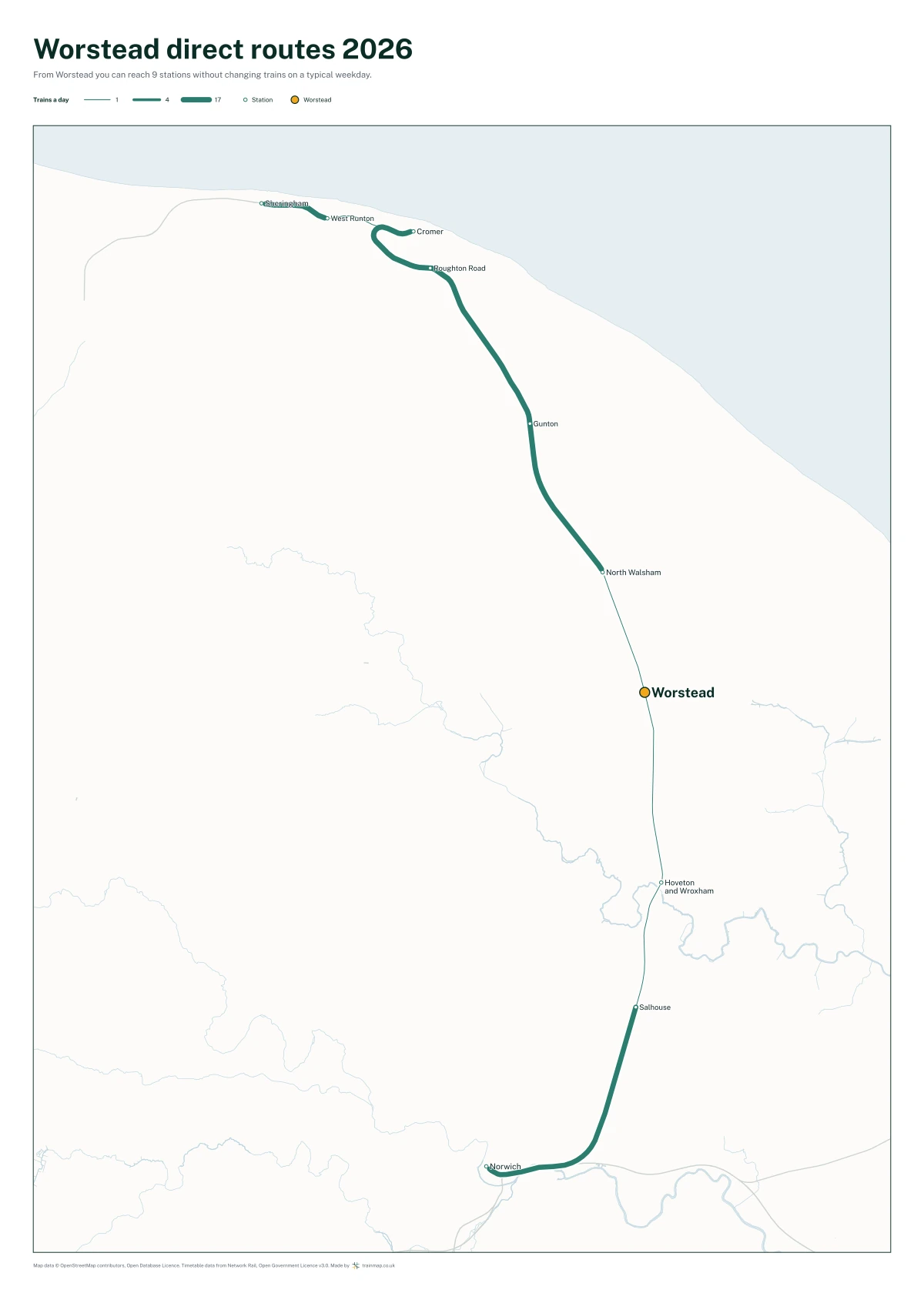 Worstead direct routes 2026: a map of every station you can reach from Worstead without changing trains, the lines thicker where more trains run